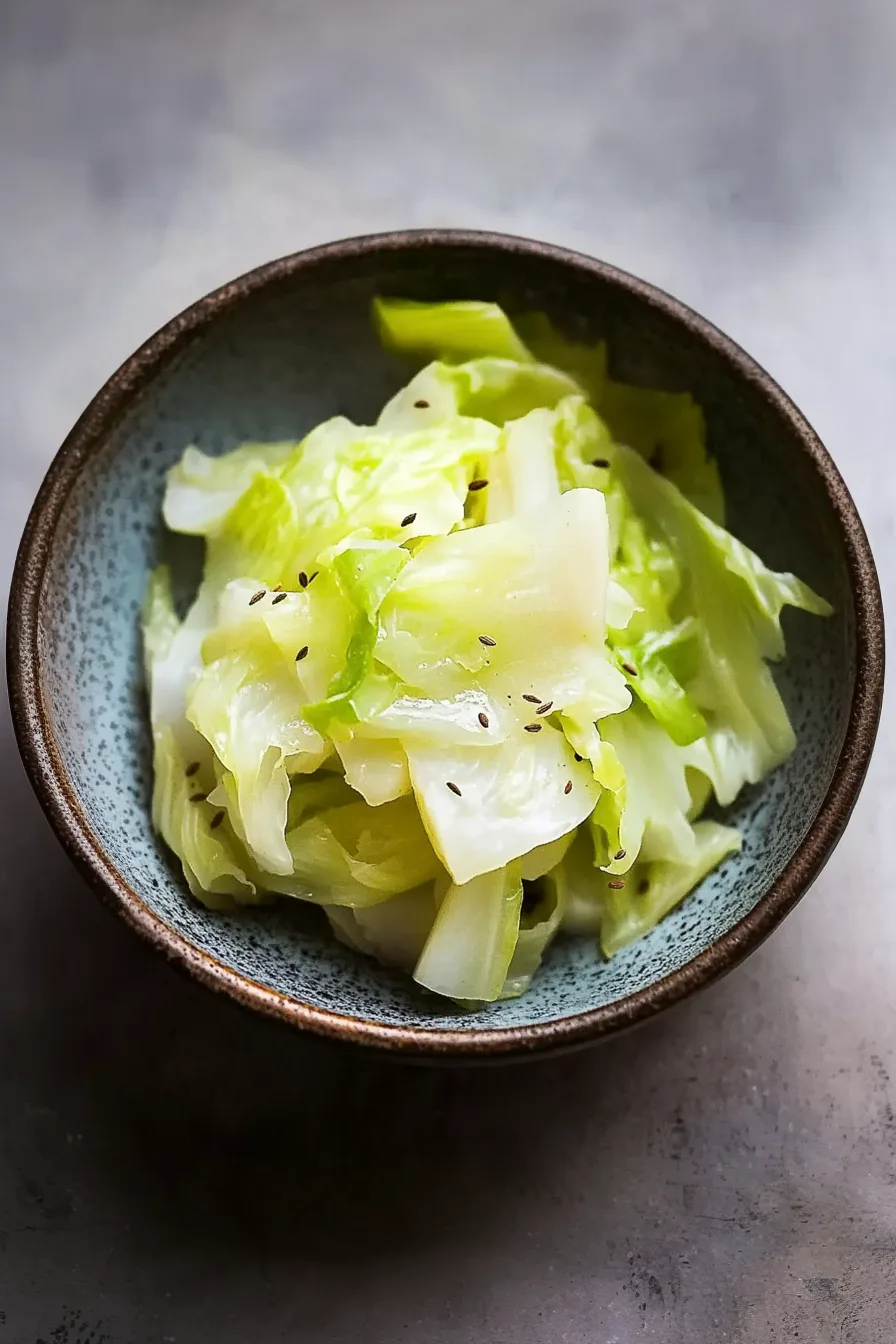Warm cabbage ribbons coated in butter and sprinkled with caraway seeds.
