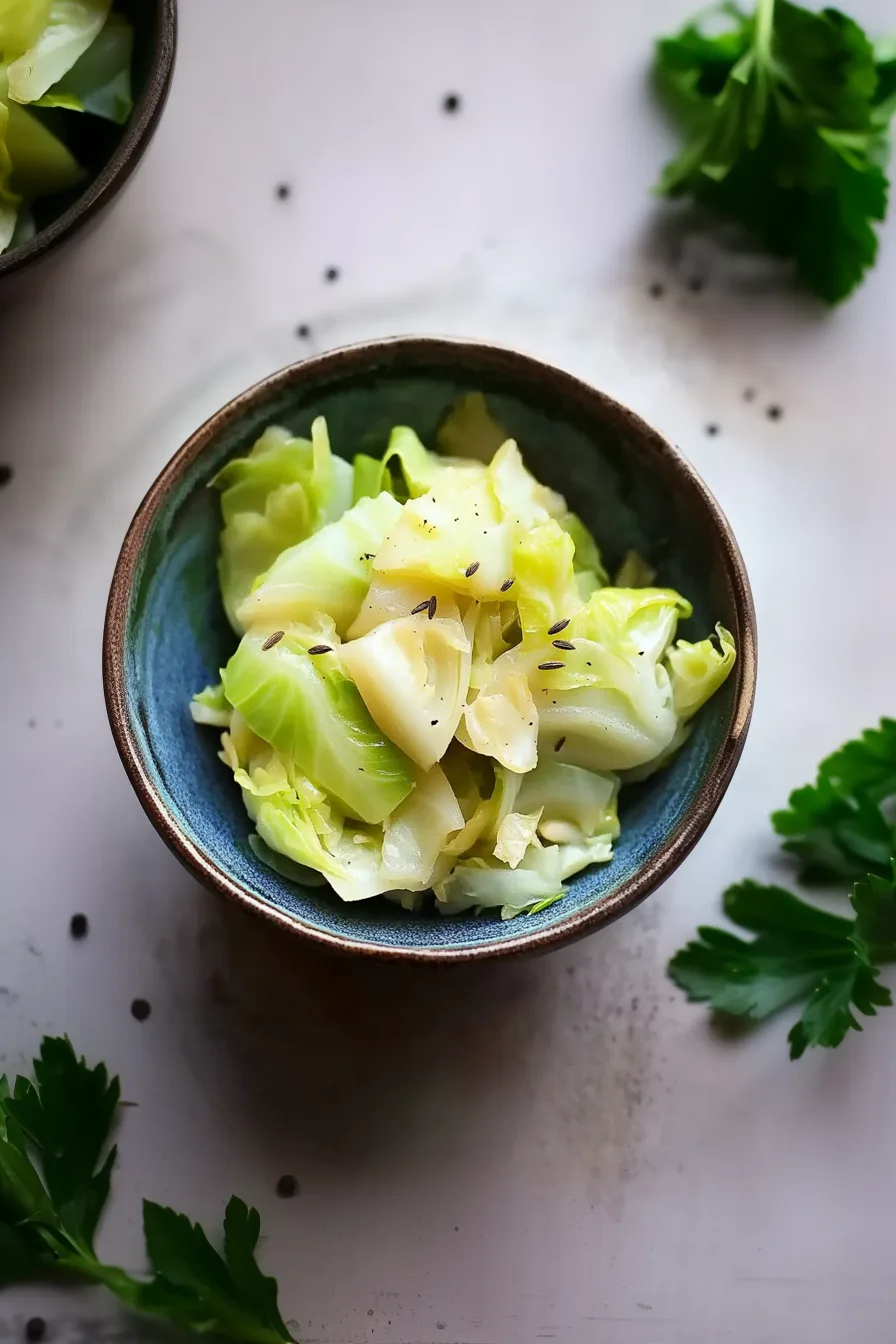Lightly sautéed cabbage pieces glistening with butter and dotted with seeds.