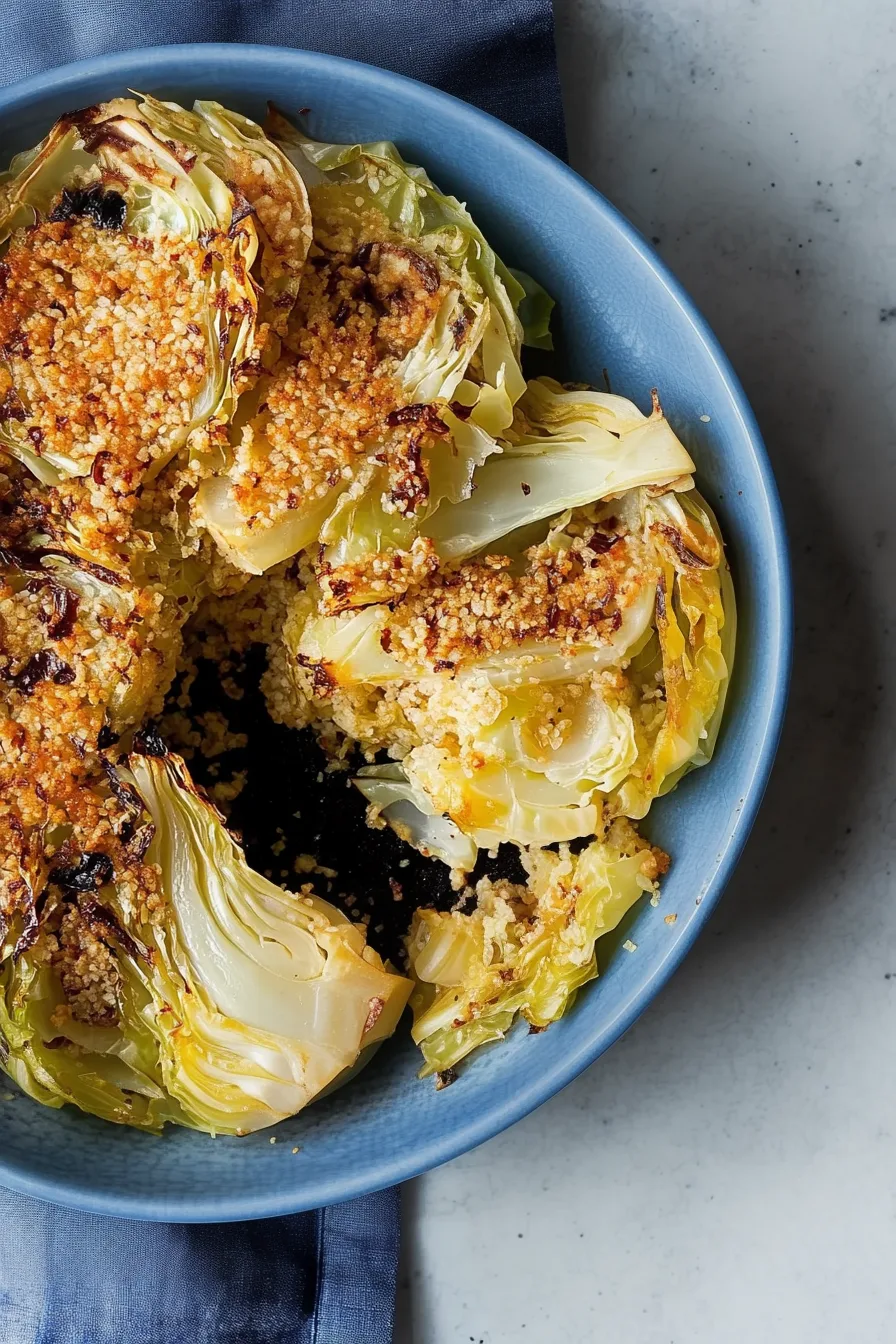 Golden-baked cabbage rounds topped with melted cheese and fresh herbs.