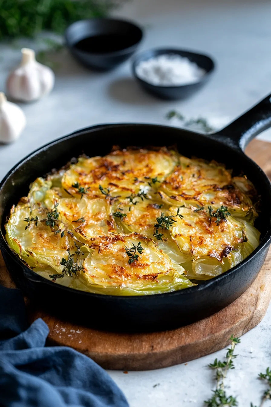 Cheesy roasted cabbage with browned edges and a sprinkle of thyme.