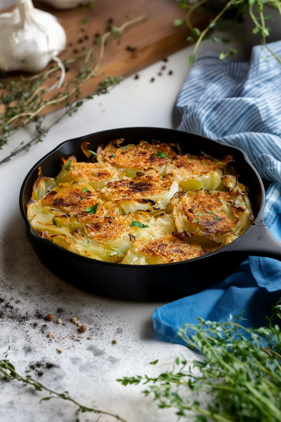 Savory cabbage gratin fresh from the oven with a golden crust.