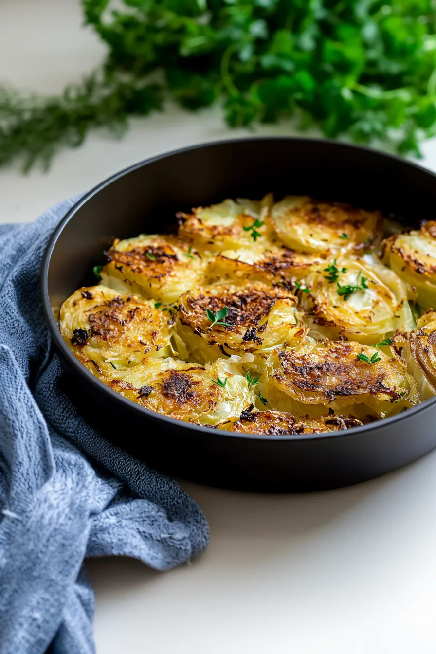 Baked cabbage slices with creamy cheese topping and herbs for garnish.