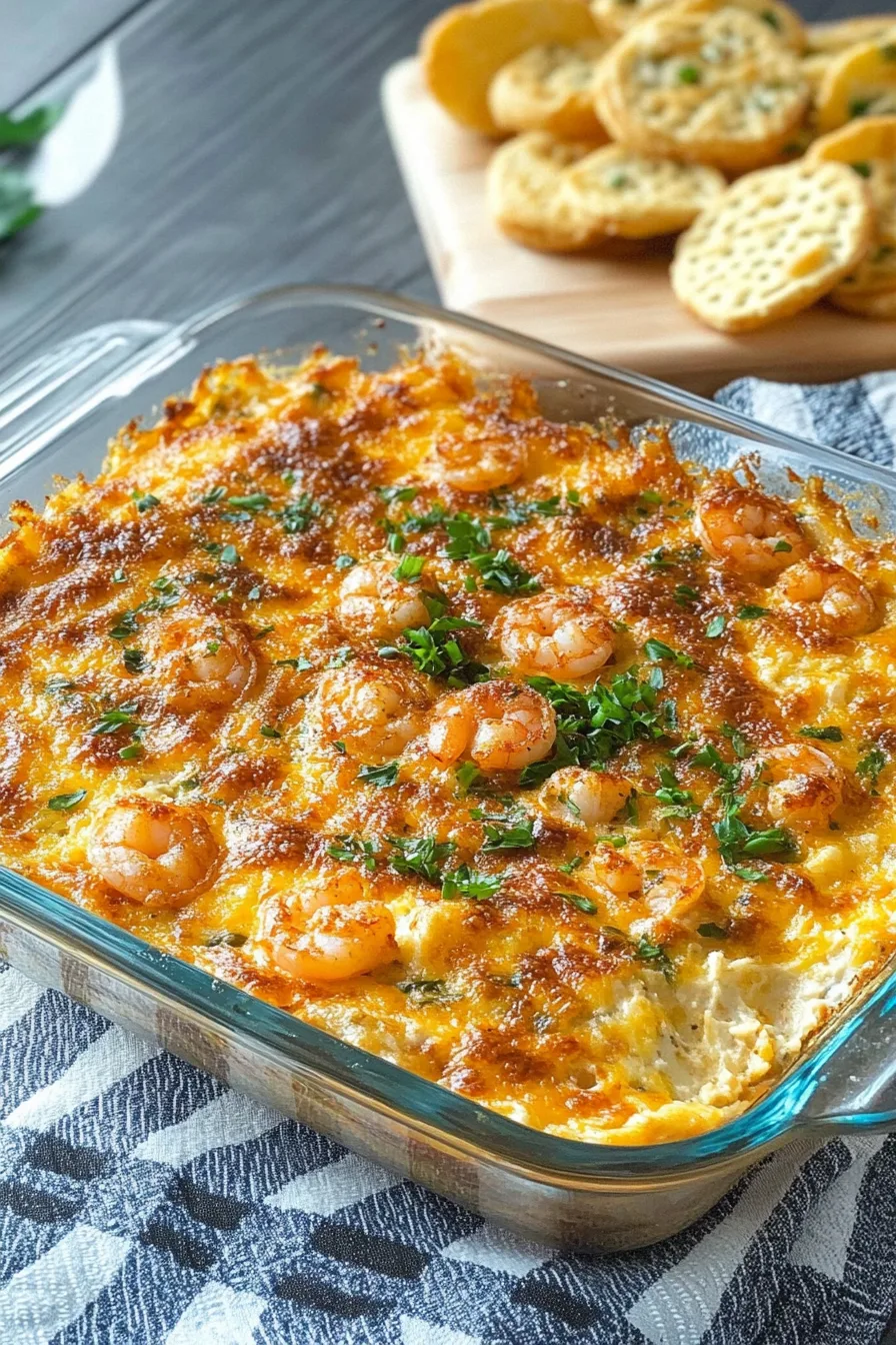 Creamy seafood dip with shrimp and a crispy browned top.