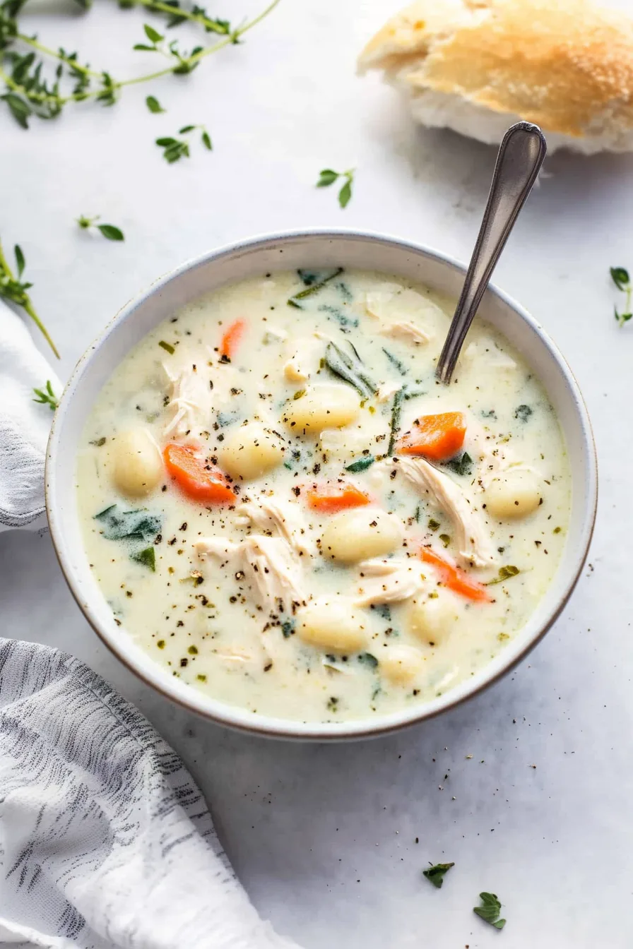 Spoonful showing pillowy gnocchi, chicken pieces, and diced carrots.