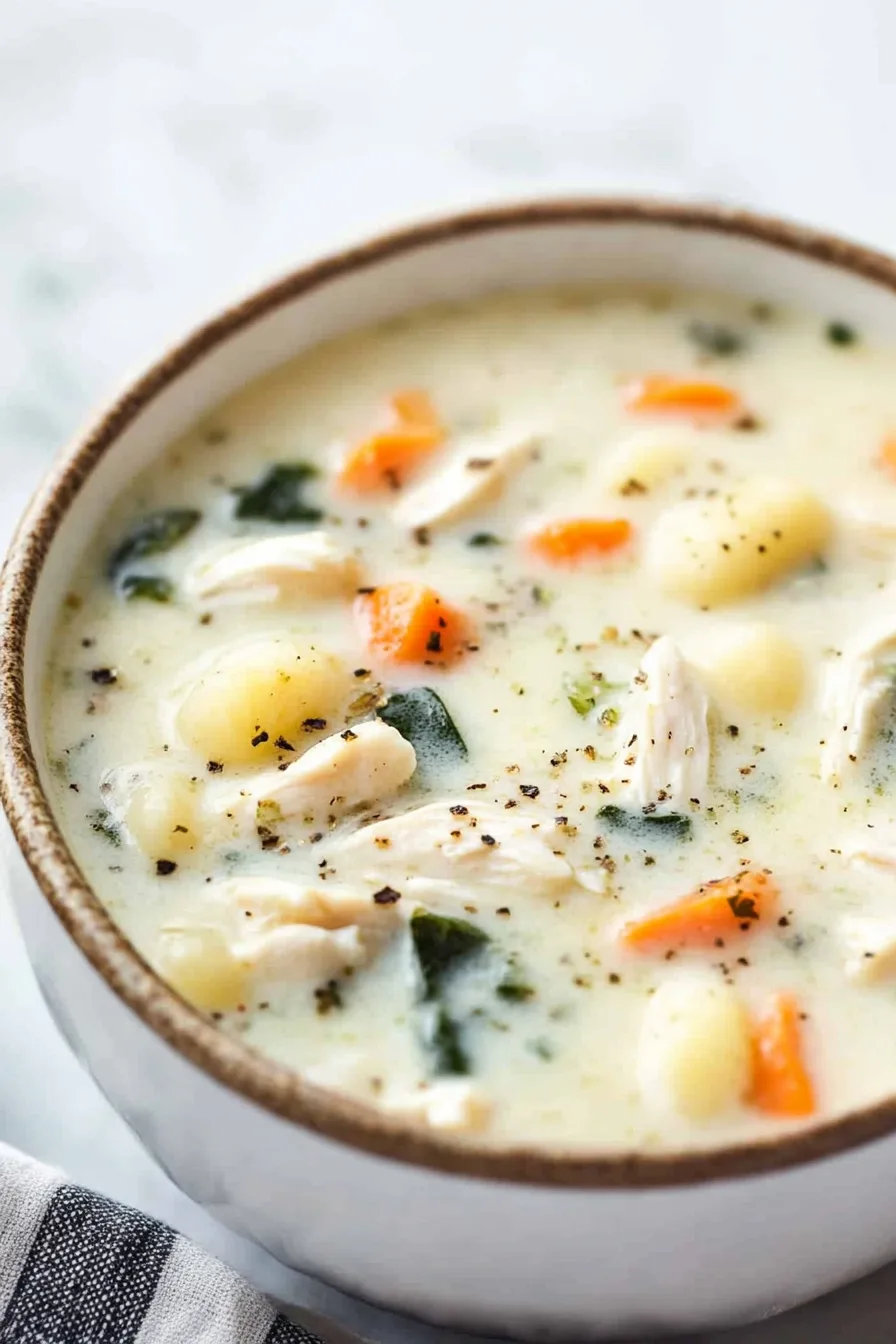 Close-up of a warm, rich broth with tender dumplings and vegetables.