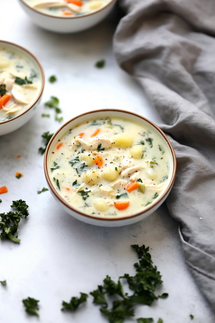 Creamy soup filled with soft gnocchi, carrots, spinach, and shredded chicken.