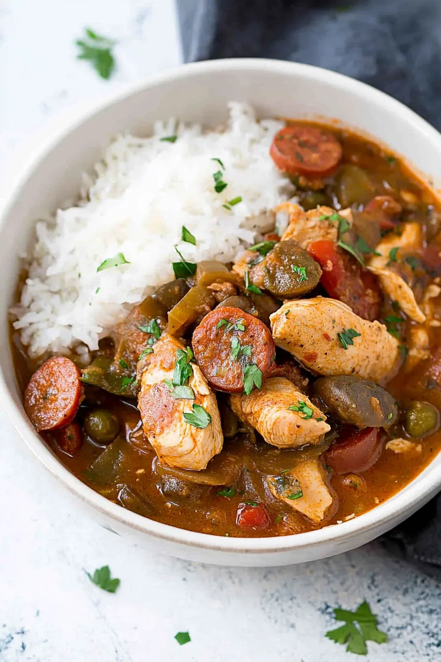 Rustic homemade dish with a thick, savory sauce and a side of fluffy rice.