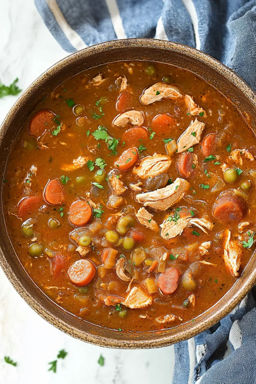 Chicken and sausage gumbo topped with fresh parsley in a serving bowl.