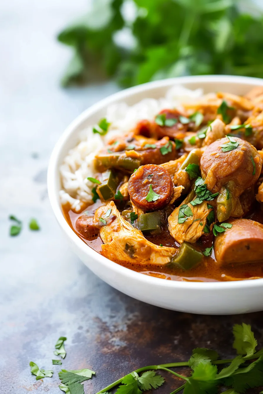 A bowl of hearty stew with chicken, sausage, and vegetables served alongside white rice.