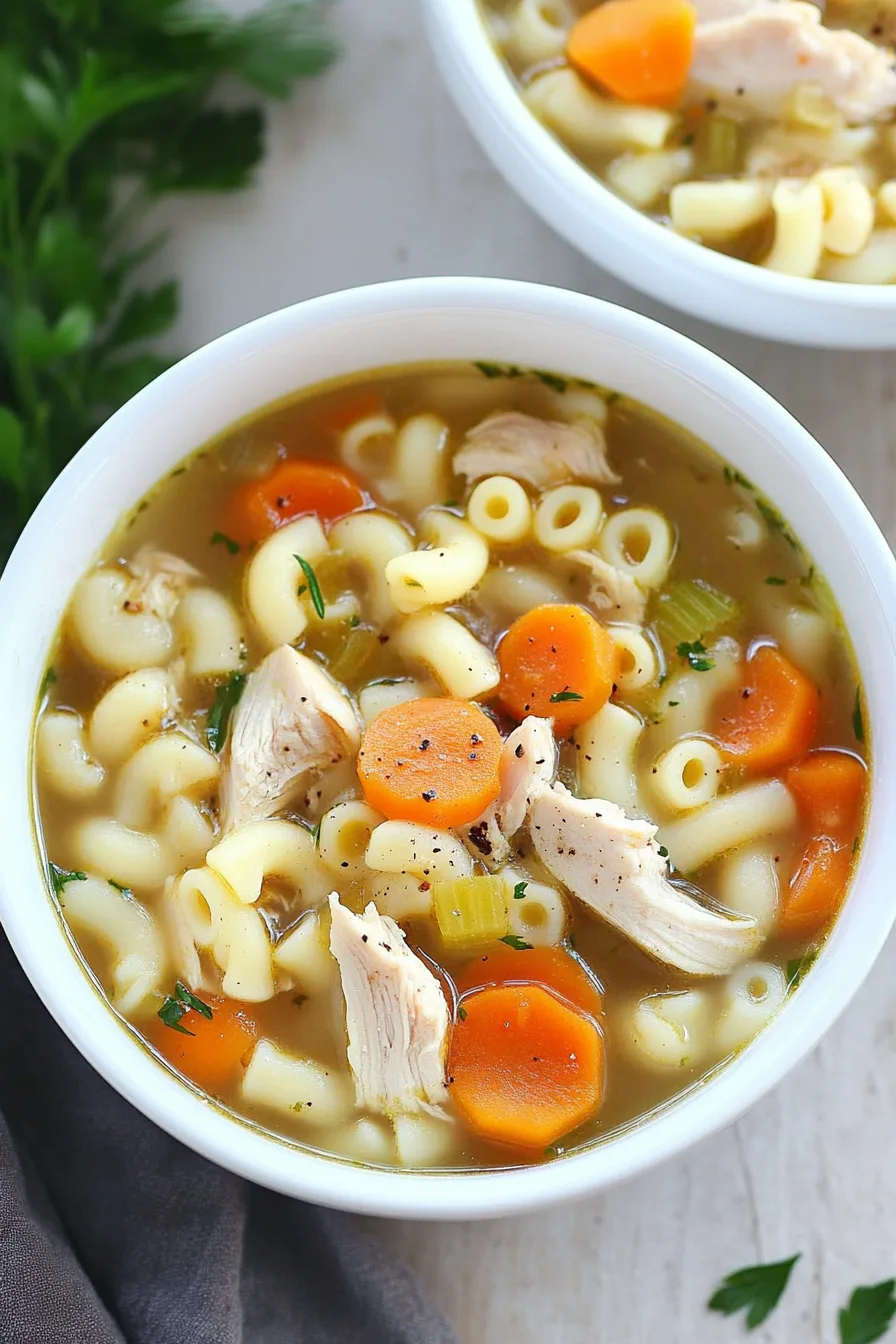 Bowl of creamy soup filled with elbow macaroni, chicken, and vegetables.