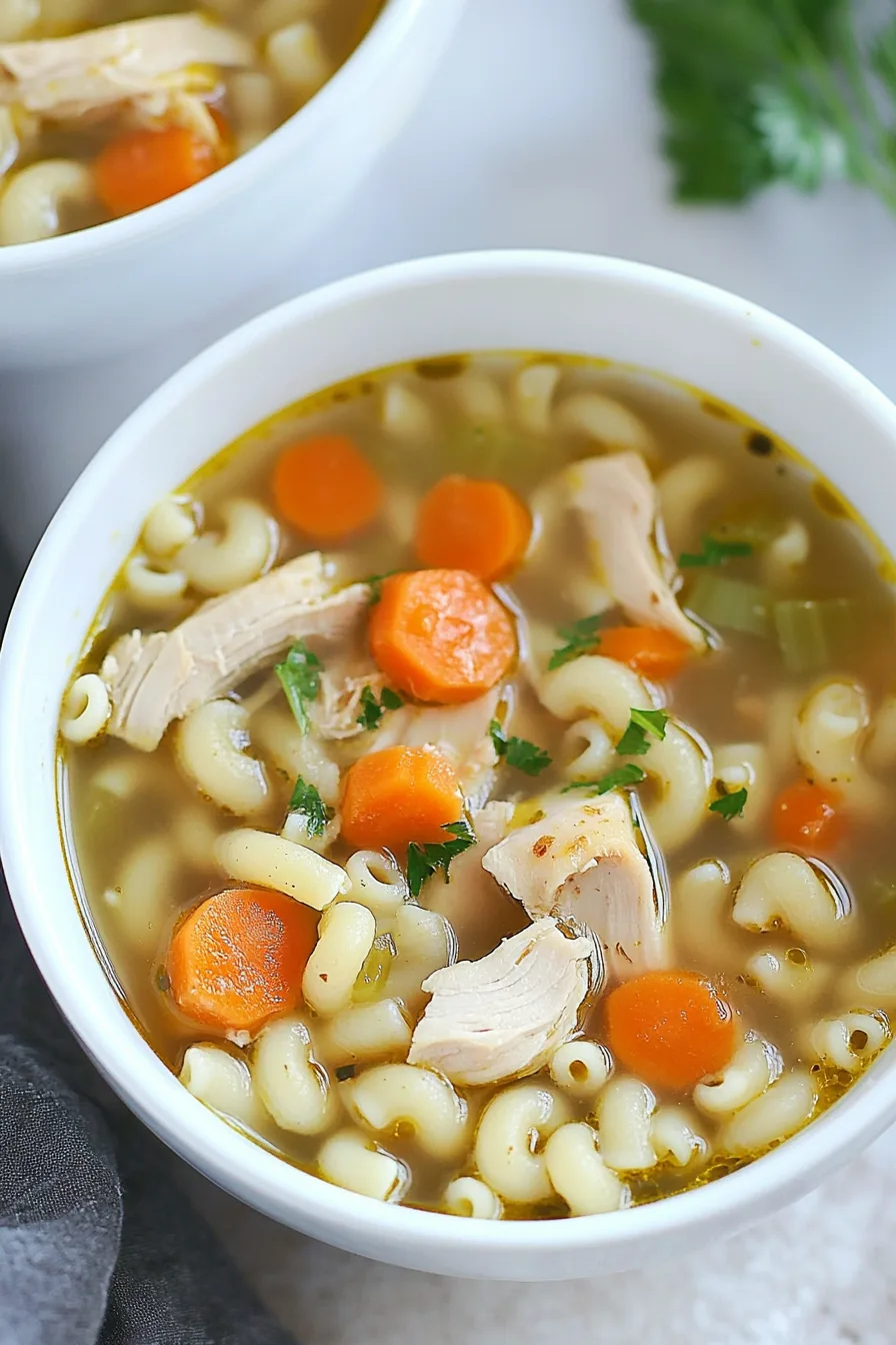 Close-up of comforting noodle soup with tender chicken, carrots, and celery.