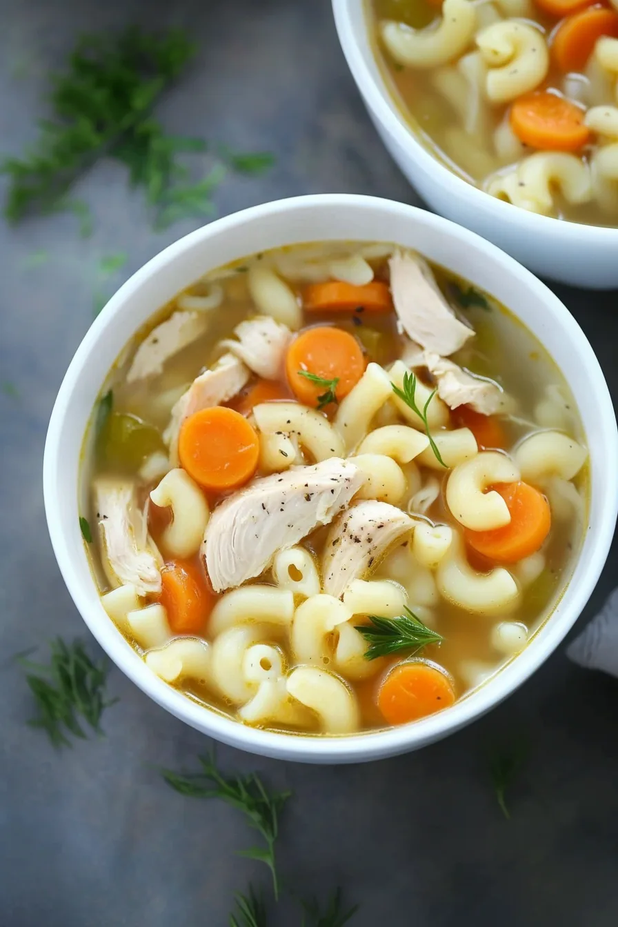 Warm homemade soup featuring macaroni pasta and shredded chicken.
