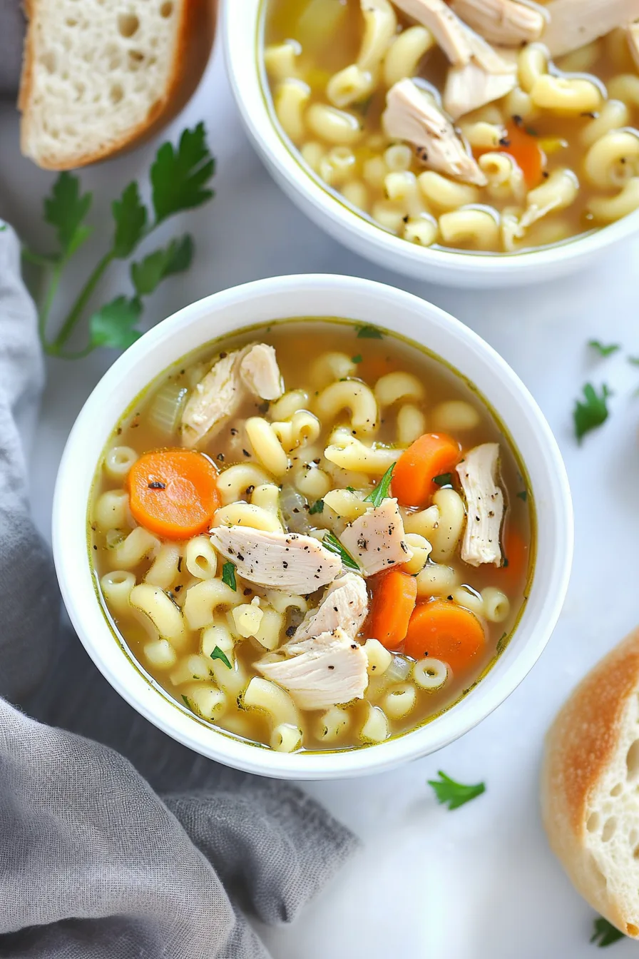 Hearty bowl of Filipino-style chicken macaroni soup served hot.