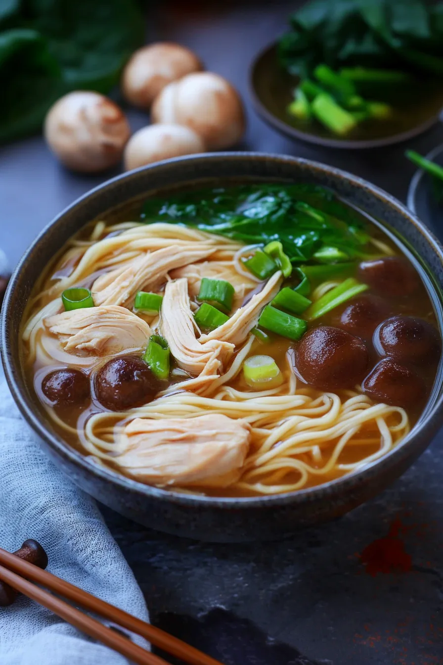 Comforting bowl of Japanese-inspired soup with chicken, mushrooms, and spinach.