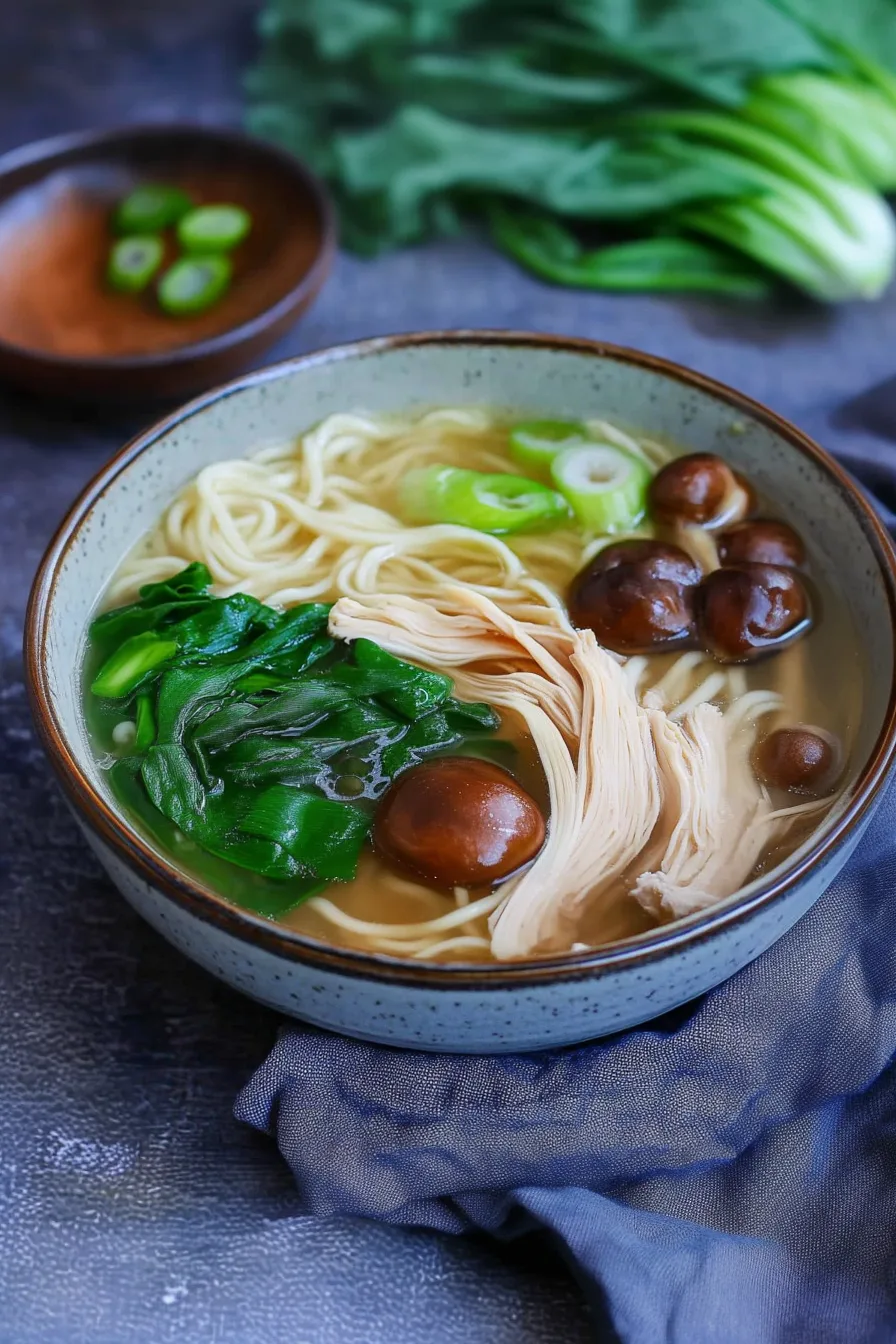 Freshly cooked noodles in golden broth with chicken pieces and vegetables.