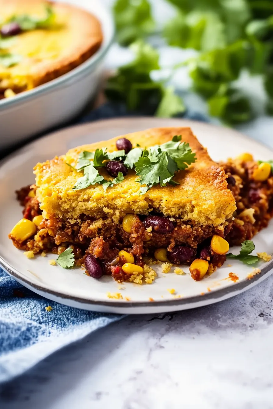 Slice of savory cornbread casserole layered with chili, beans, and corn.