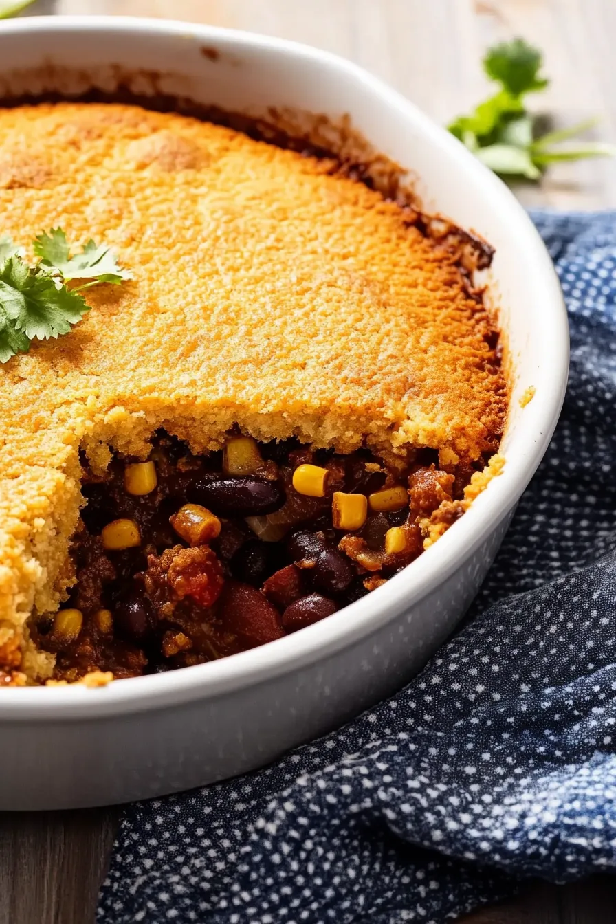Comforting baked dish with cornbread crust, beans, corn, and ground meat.