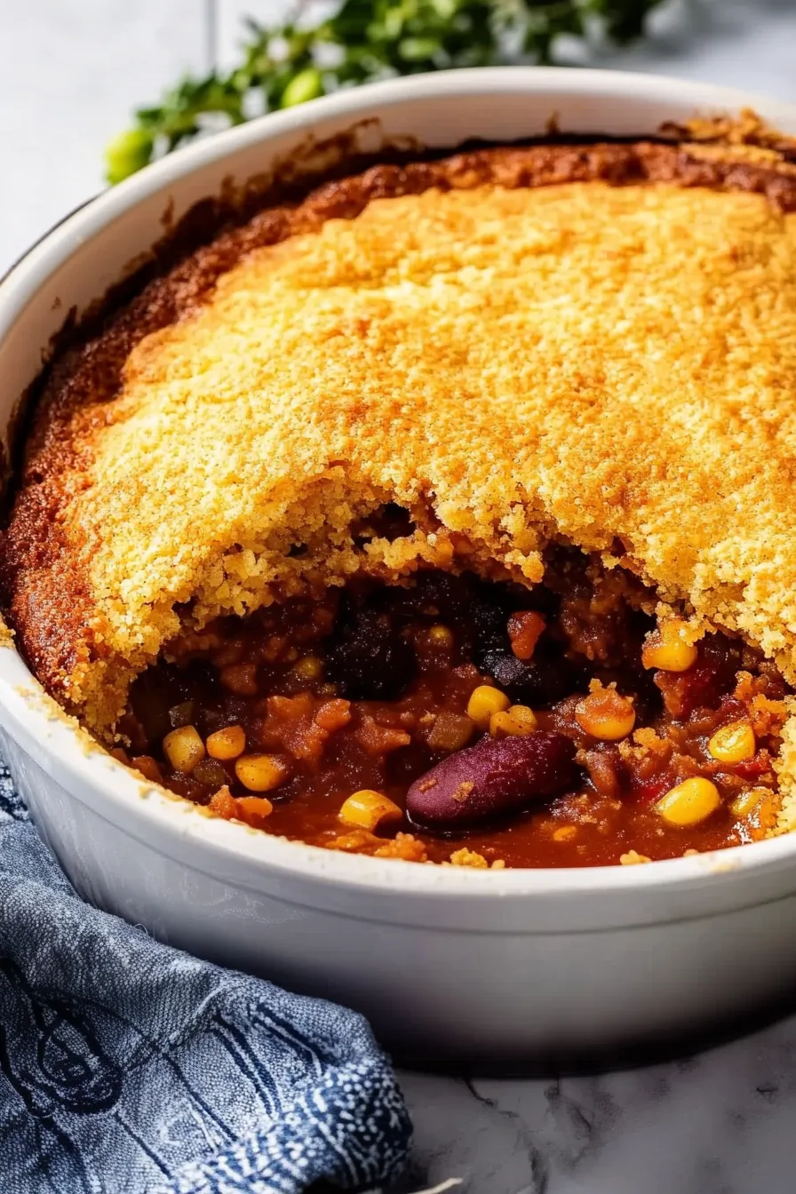 Close-up of a golden cornbread topping with hearty chili filling underneath.