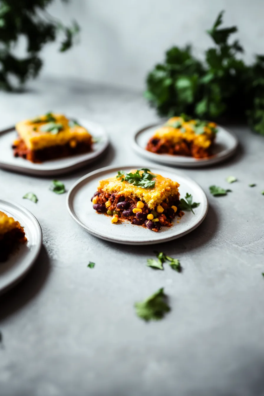Warm serving of cornbread layered over a rich, meaty chili mixture.