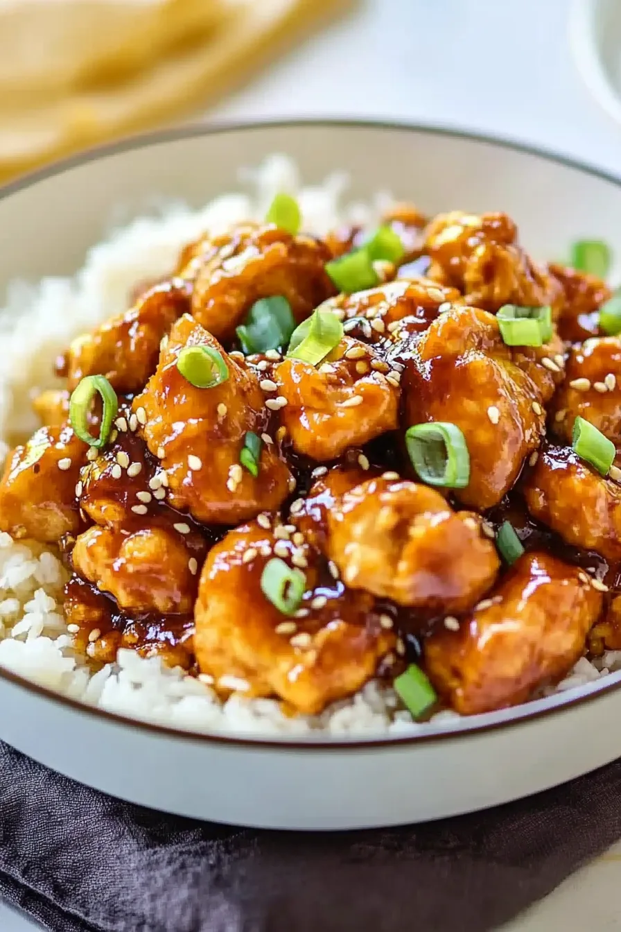 Close-up of orange-glazed chicken garnished with sesame seeds and scallions.