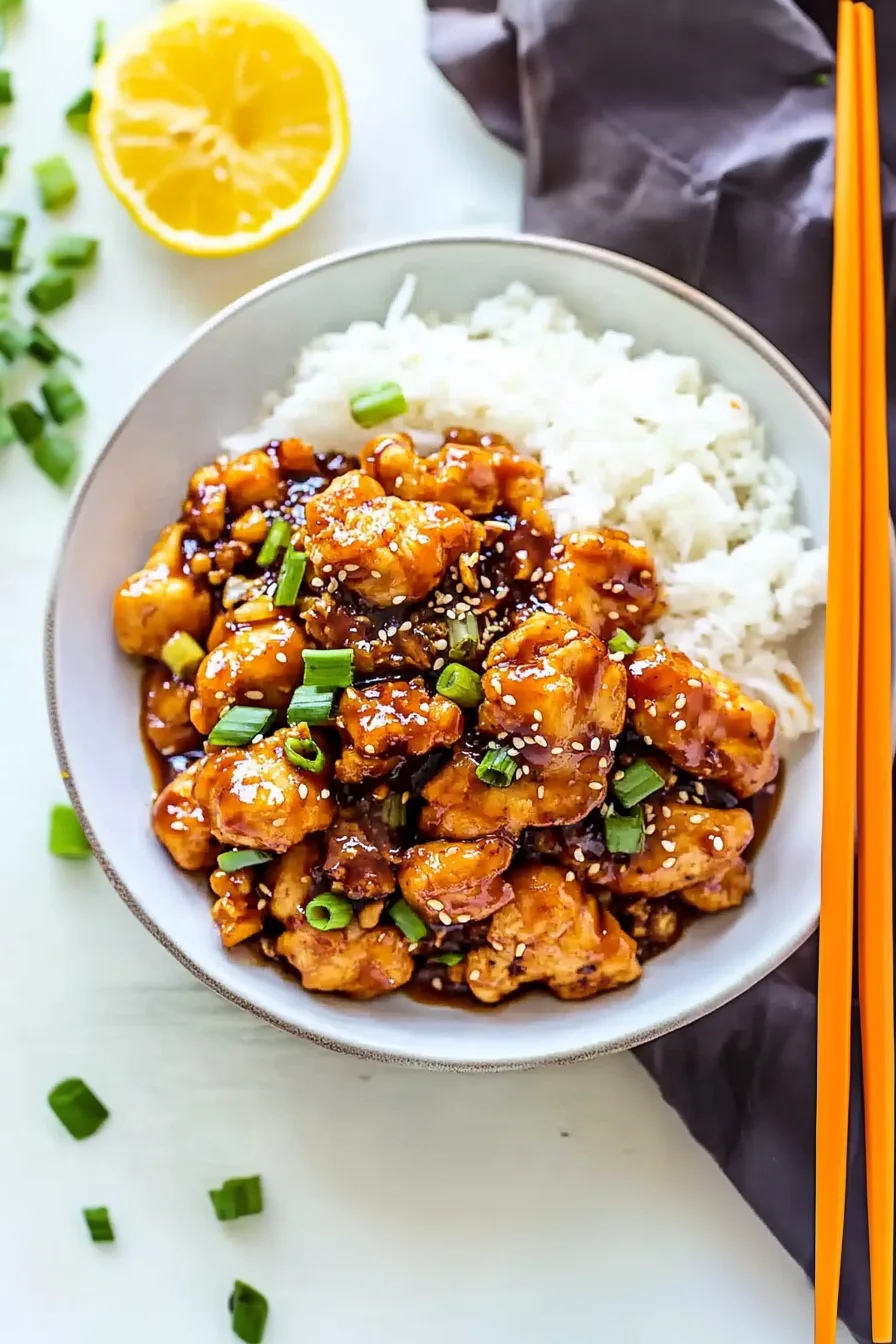 Crispy chicken pieces glazed in a sweet orange sauce, topped with sesame seeds and green onions.