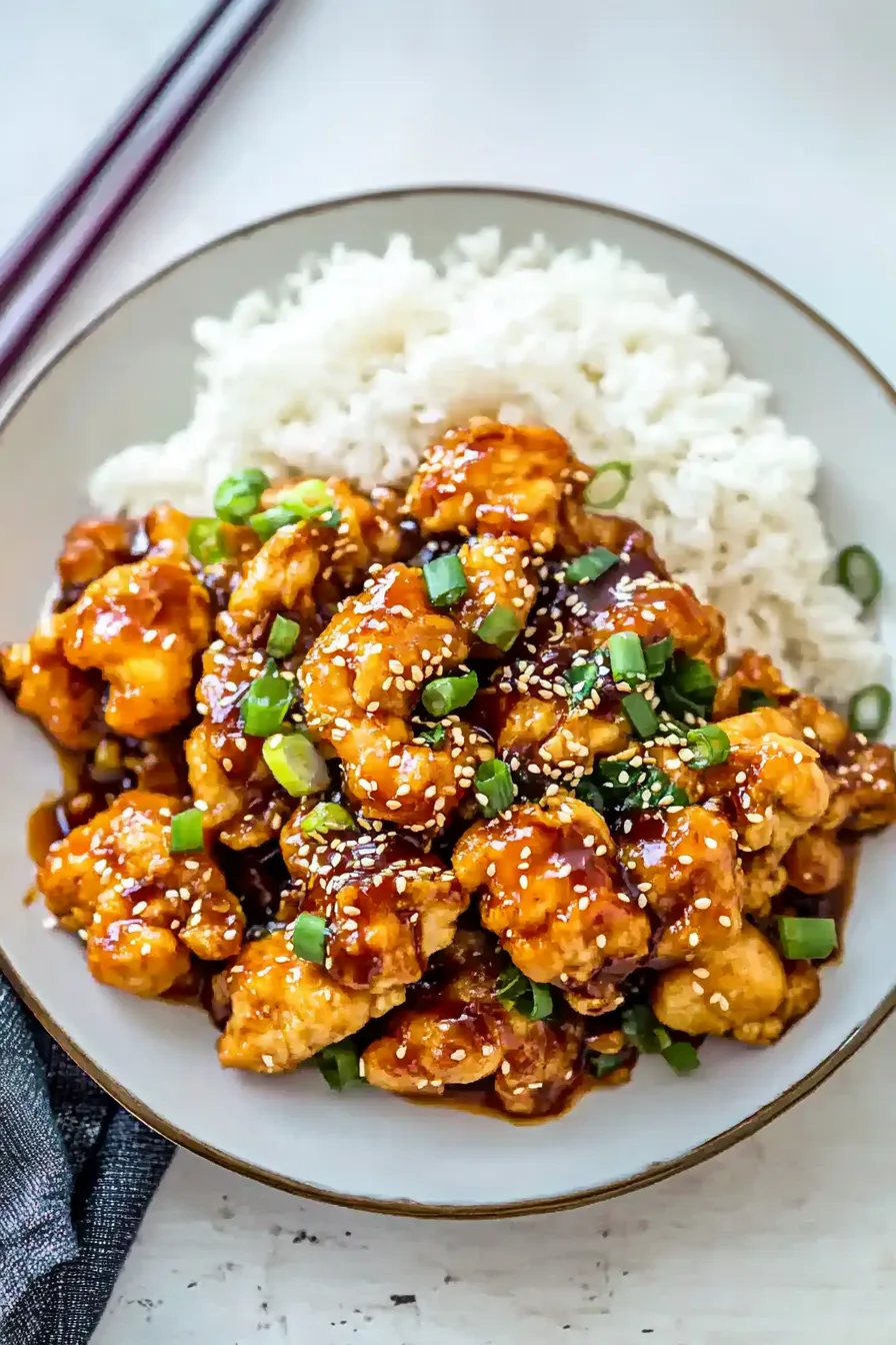 Bowl of golden chicken coated in sticky citrus glaze served over steamed rice.