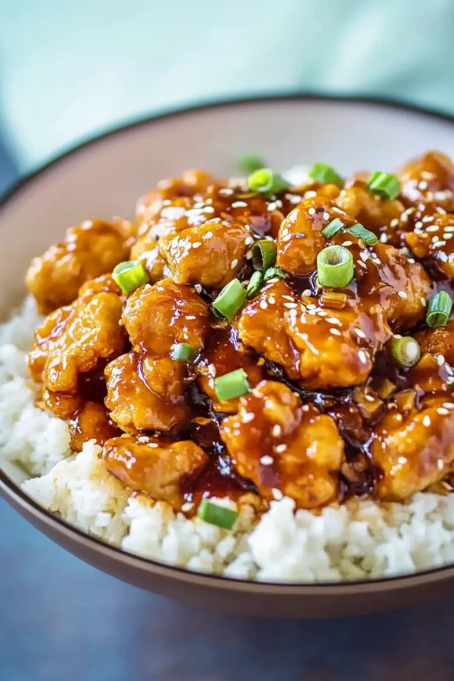 Sweet and tangy chicken bites on a bed of white rice with fresh green onions.