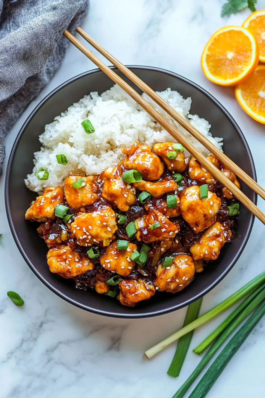 Glazed chicken chunks with a glossy orange sauce and sesame topping.