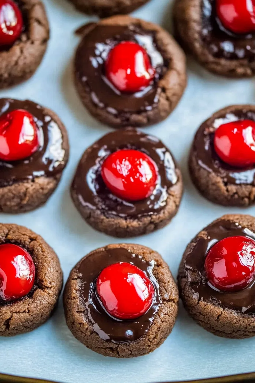 Batch of soft chocolate thumbprint cookies with shiny red cherries on top.