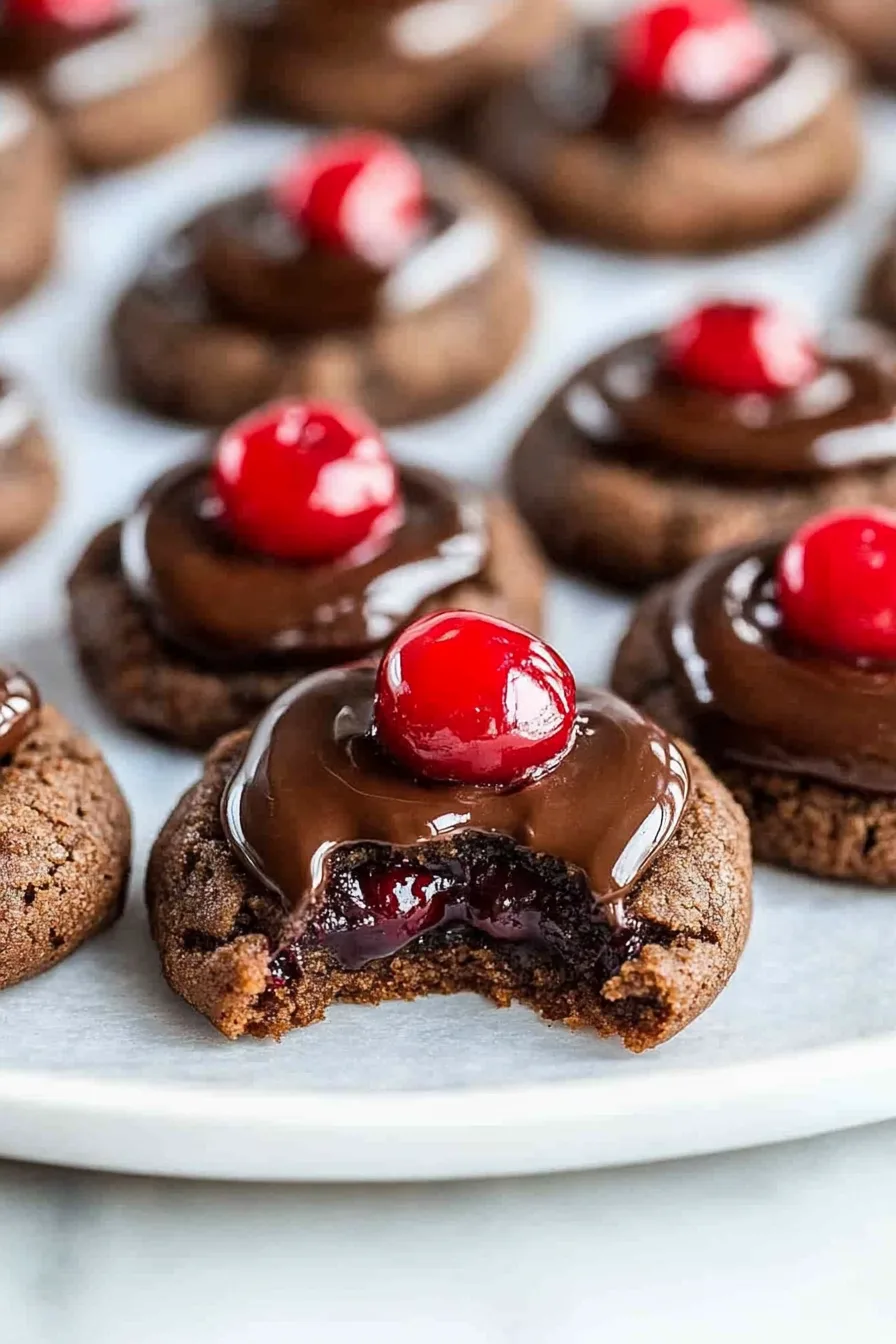 Festive cookies featuring a cherry nestled in smooth chocolate filling.