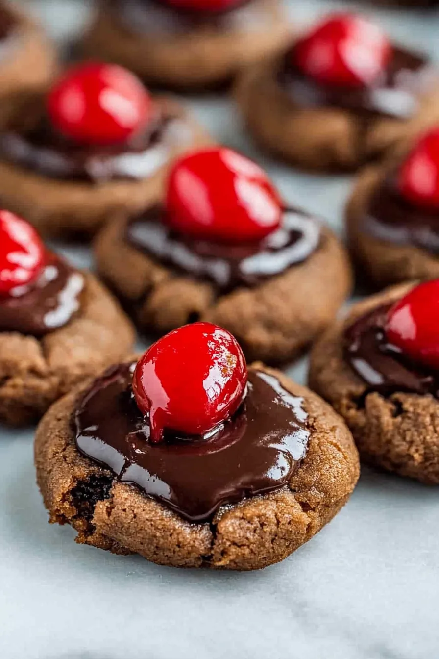 Close-up of rich chocolate cookies with melted chocolate and maraschino cherries.