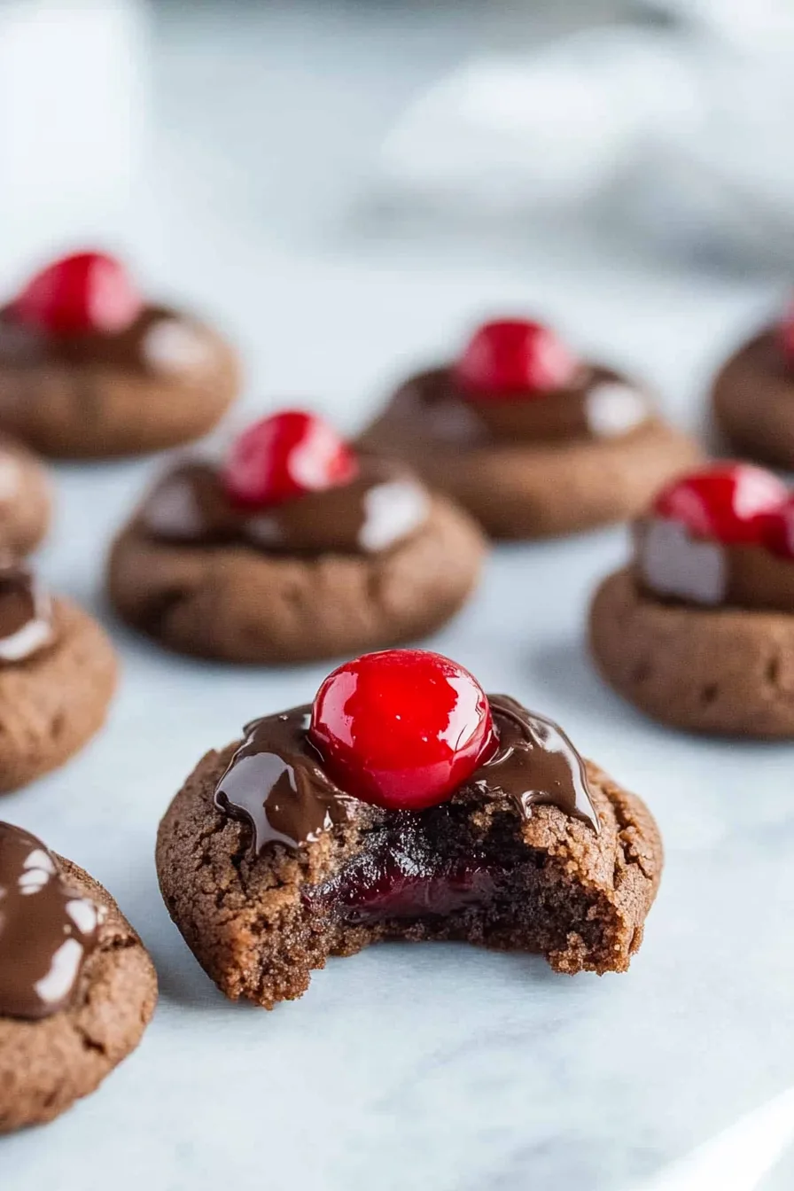 Chocolate cookies topped with glossy ganache and a bright red cherry in the center.