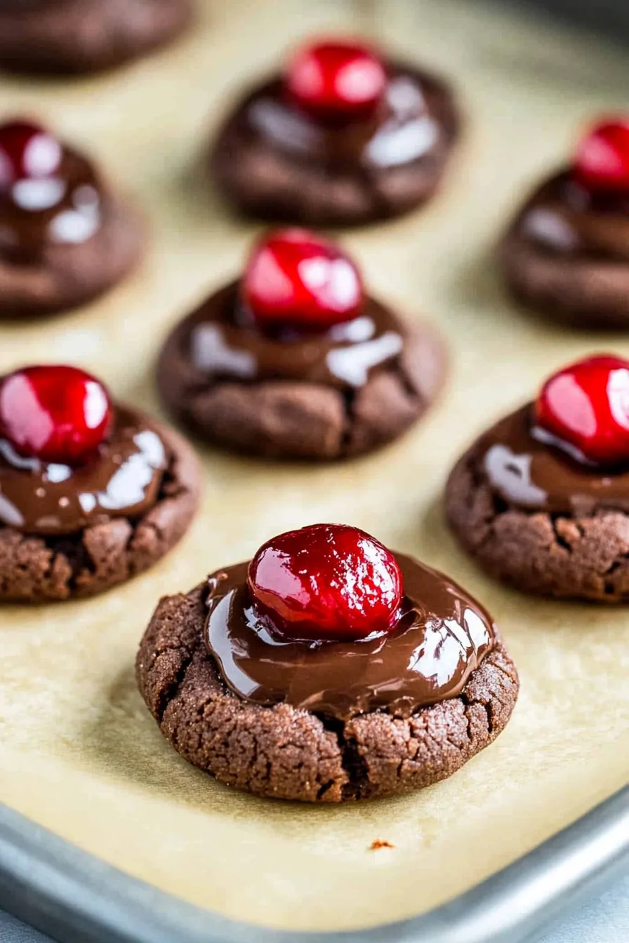 Chocolate and cherry cookies arranged on a baking sheet, ready to serve.