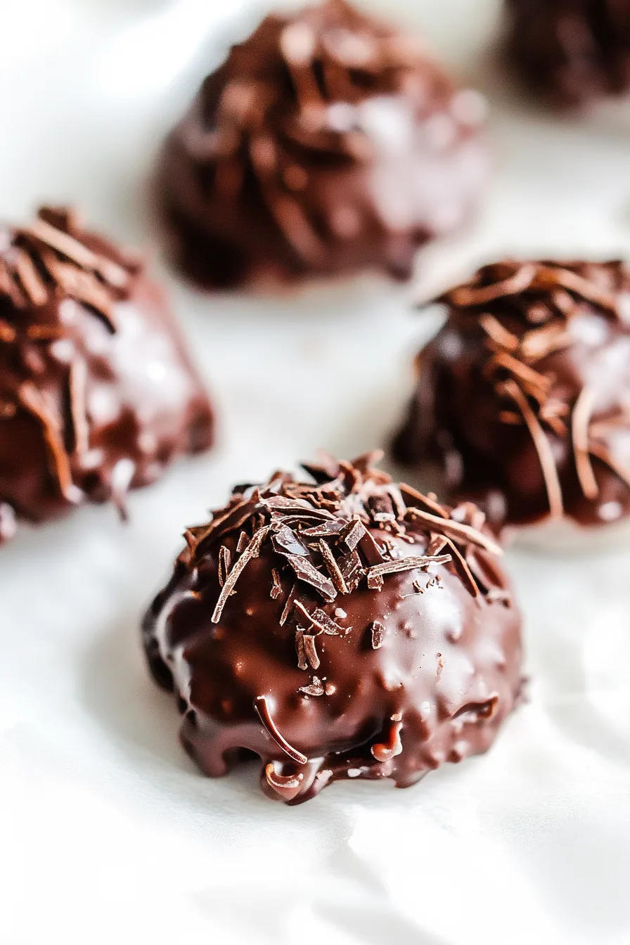 Rich, glossy chocolate treat with a textured coconut filling inside.