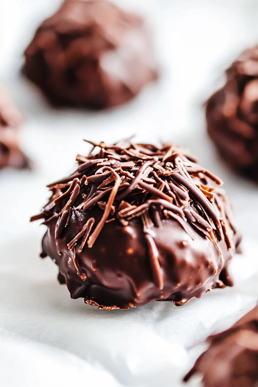 Close-up of a chocolate-dipped cookie topped with chocolate shavings.