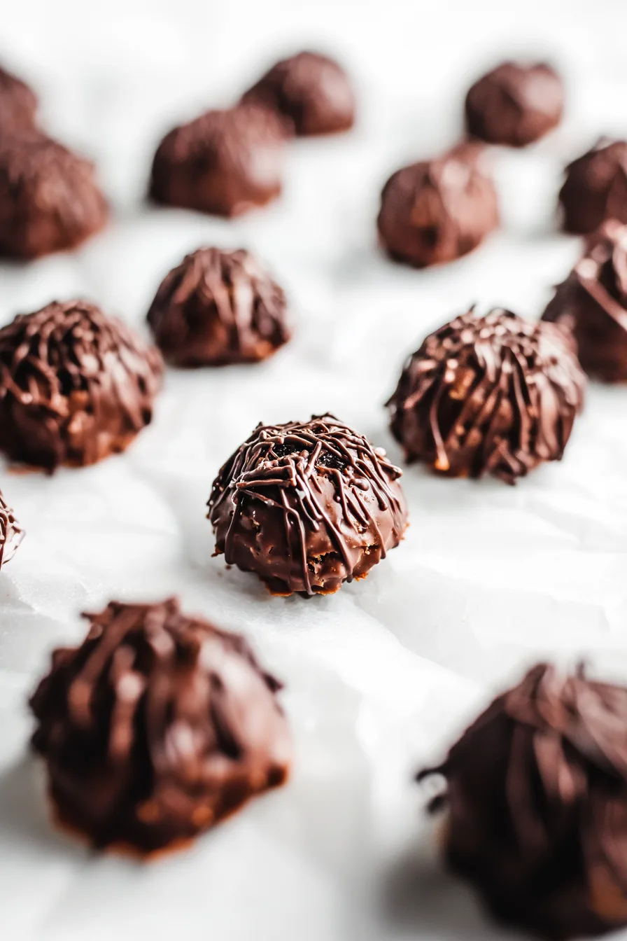 Homemade bite-sized dessert coated in smooth dark chocolate.
