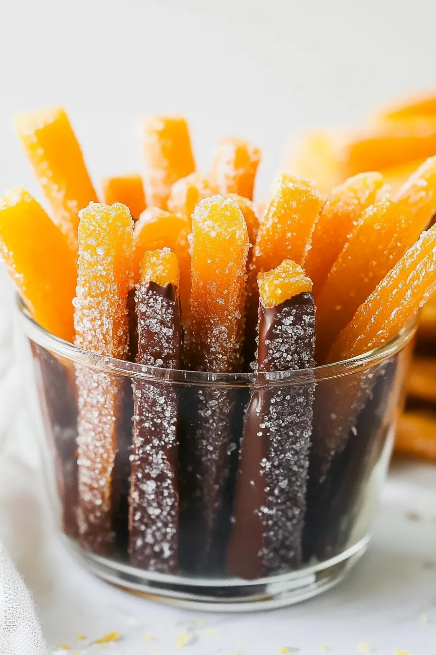 Sweet orange peel candies arranged in a clear glass, some covered in chocolate.