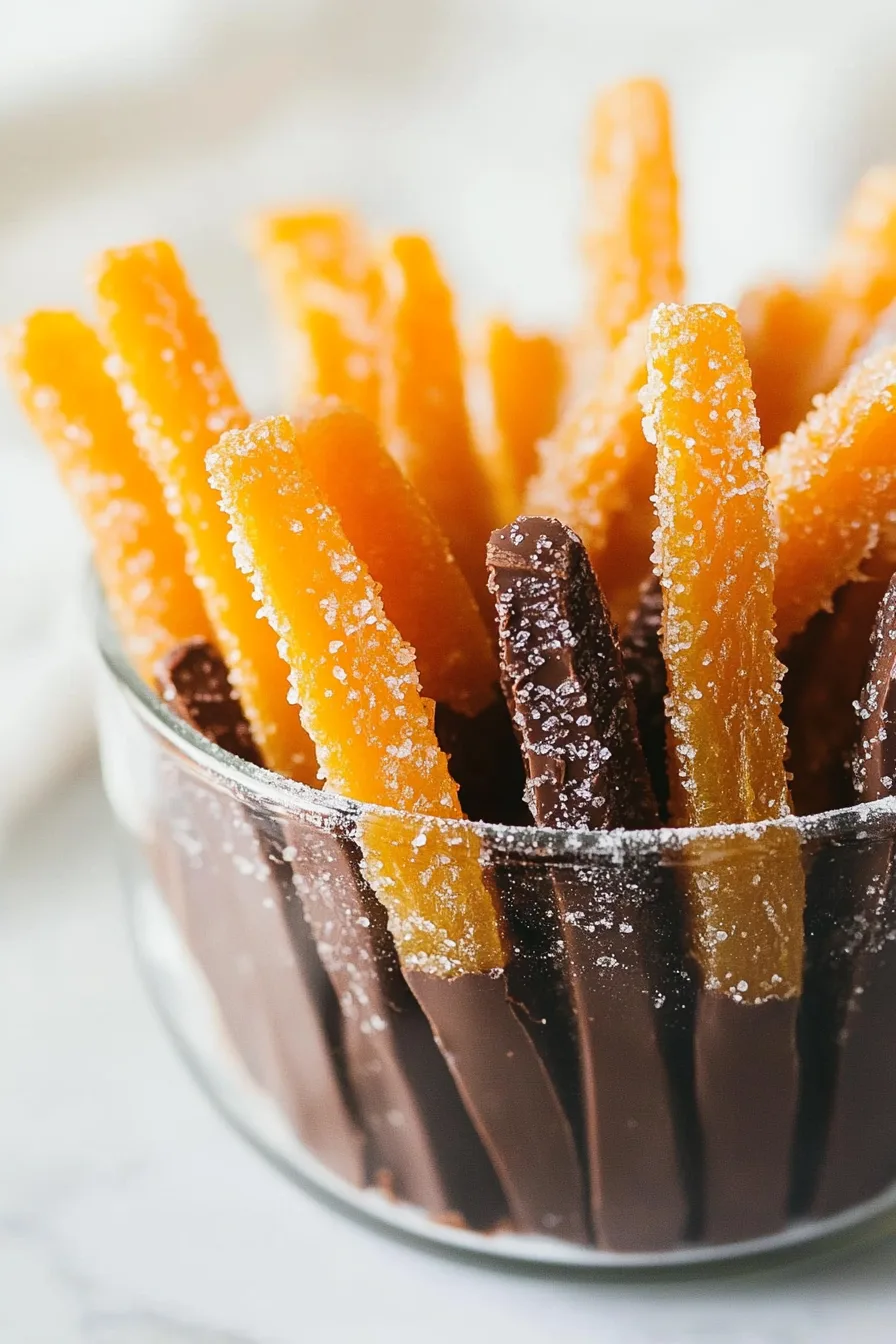Close-up of glossy chocolate-dipped candied orange strips coated with sugar crystals.