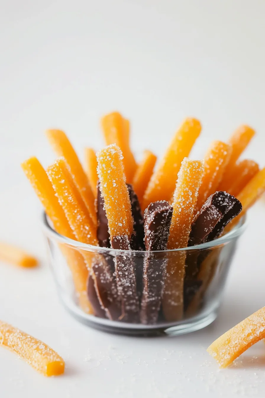 Sugary orange peel treats with a mix of plain and chocolate-dipped pieces.