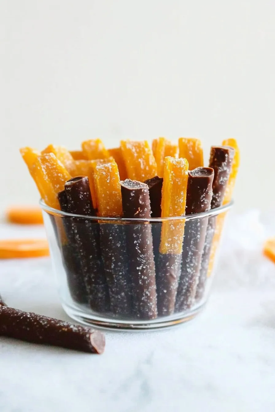 Glass filled with sugar-coated orange peels, half dipped in dark chocolate.