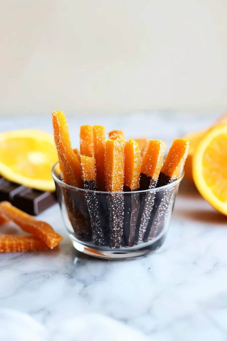 Homemade candied orange peel sticks with a rich chocolate coating on one end.