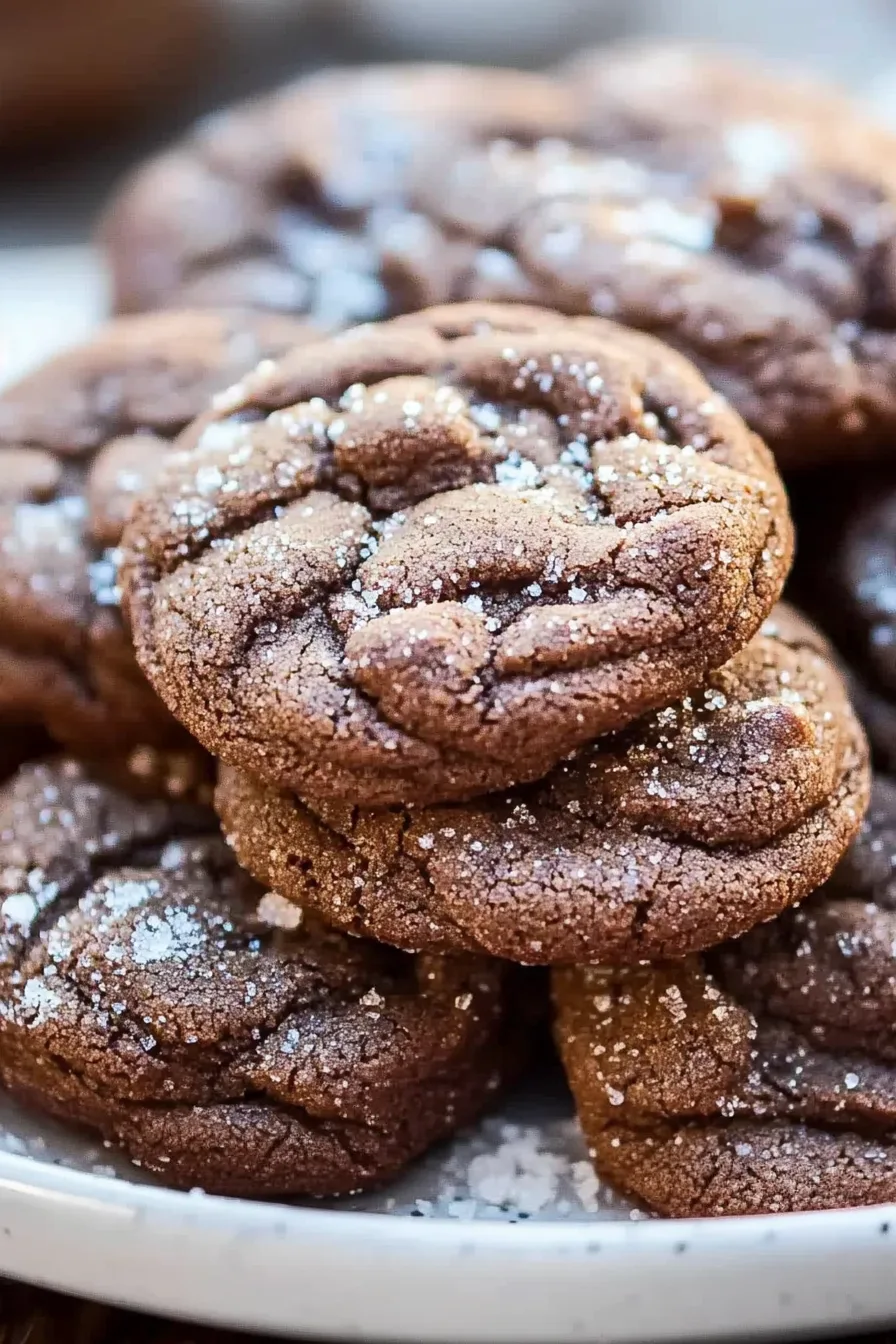 Pile of rich, dark cookies with a hint of ginger and a sparkling sugar coating.