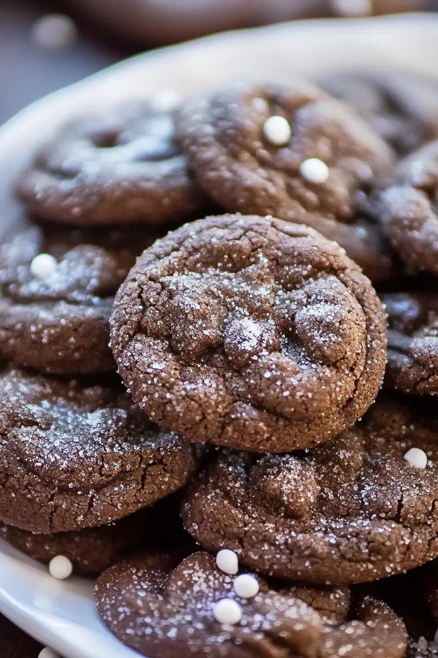 Freshly baked chocolate cookies with a glossy, crinkled texture and sugar topping.