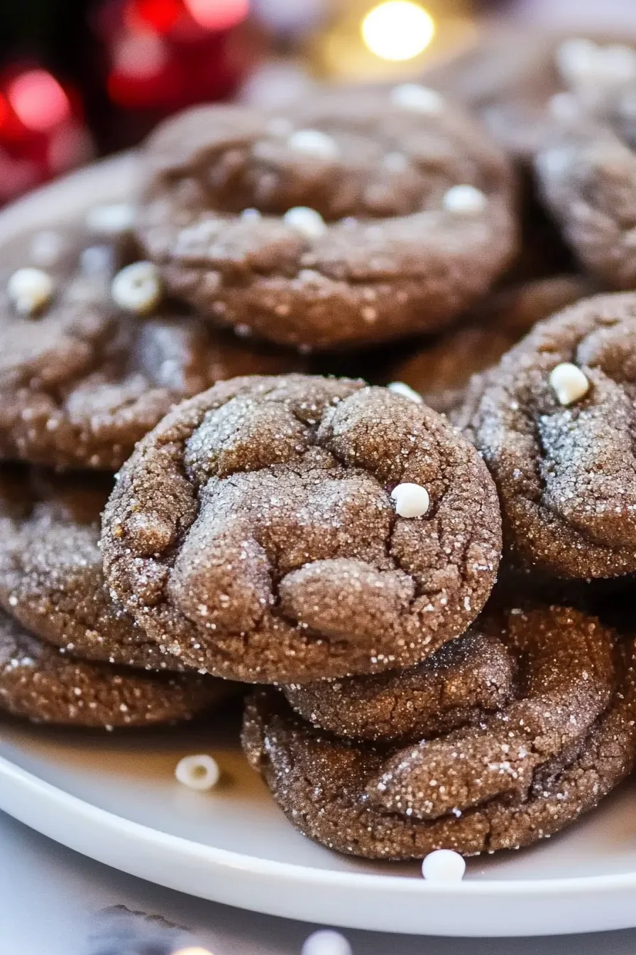 Stack of soft, sugar-dusted chocolate cookies with a crackled surface on a plate.