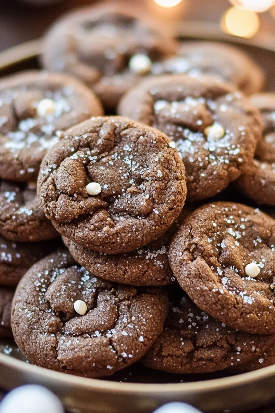 Plate of homemade chocolate cookies showing their soft centers and crisp edges.