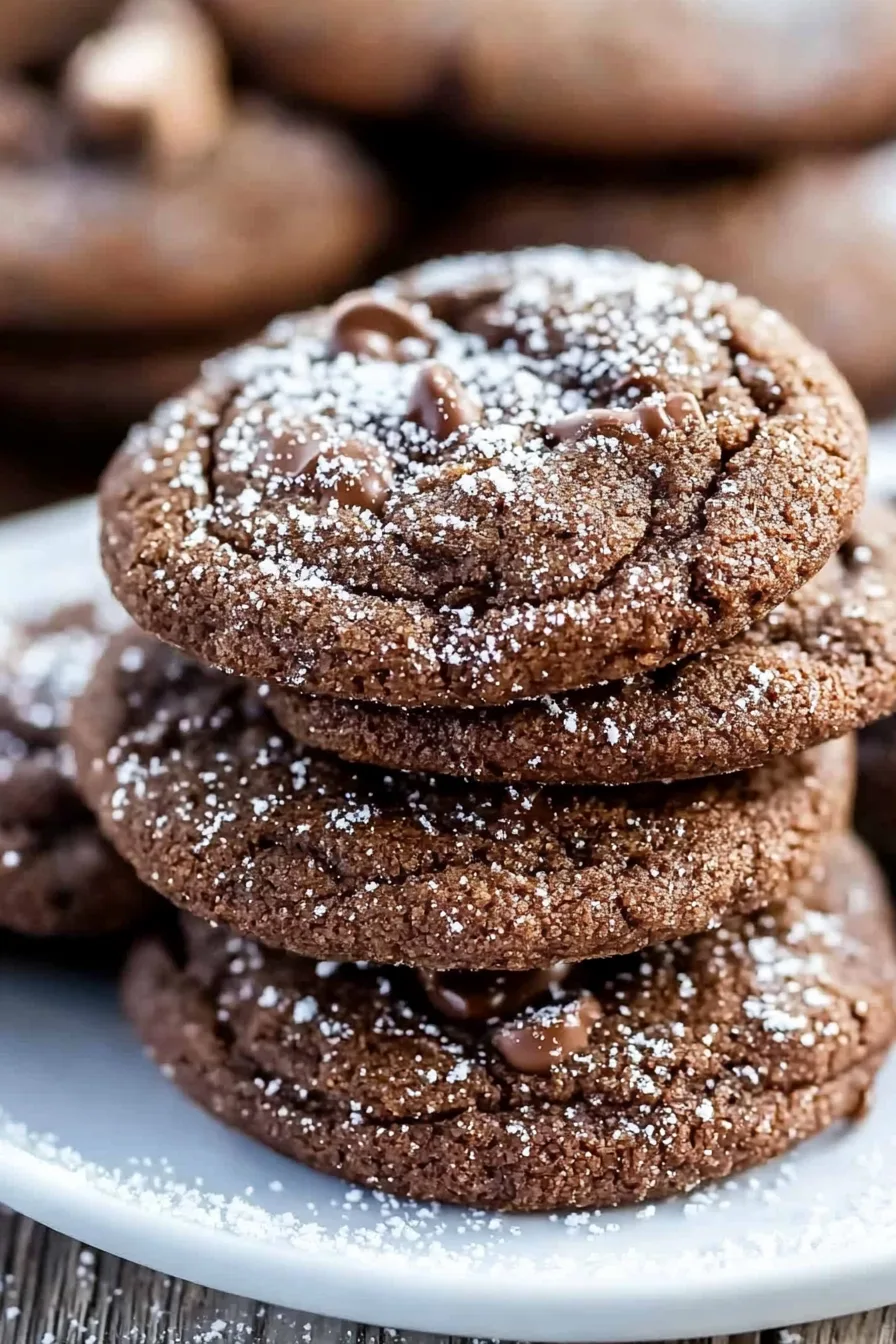 Close-up of chewy, spiced chocolate cookies sprinkled with coarse sugar.