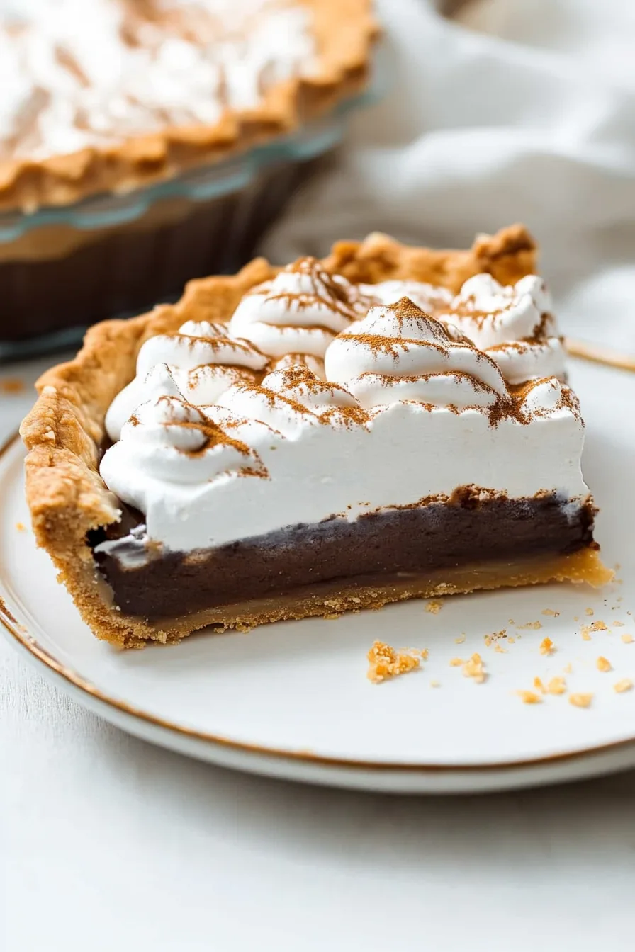 Close-up of a creamy chocolate dessert pie with fluffy toasted topping.