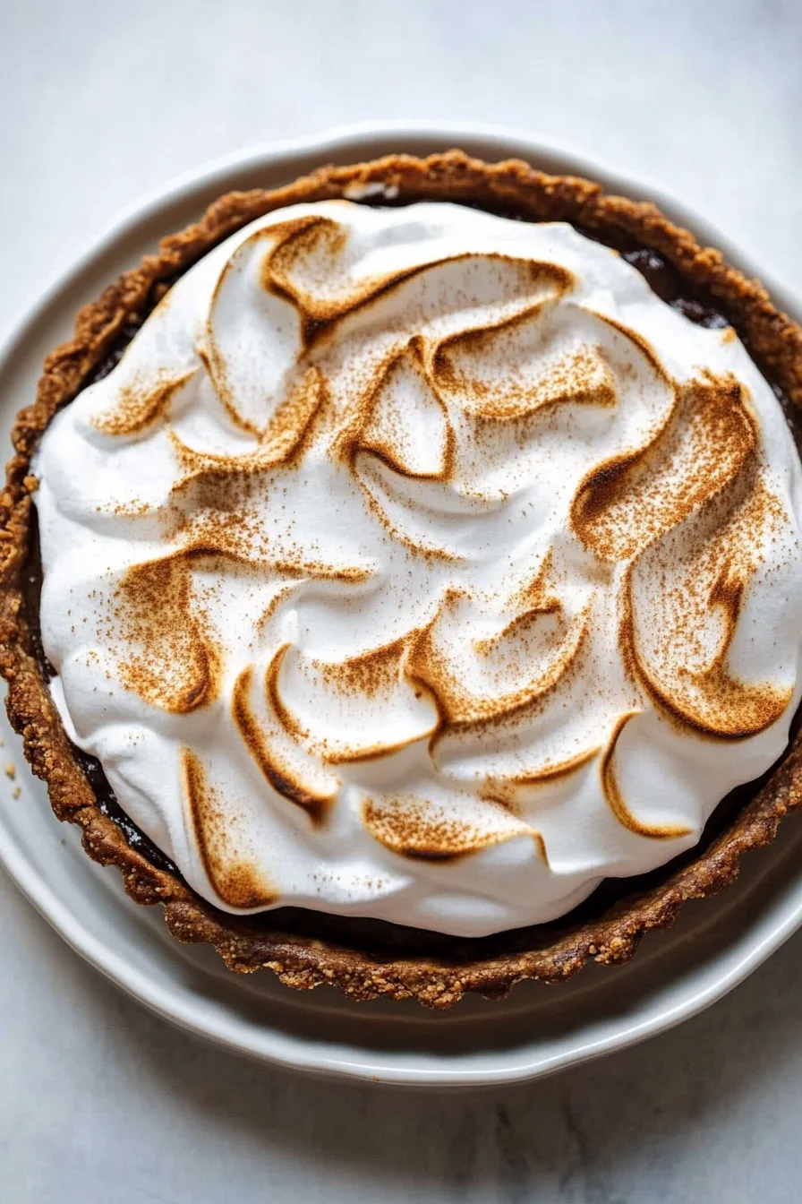 Warm, chocolate-filled pie cooling on a counter with toasted marshmallows on top.