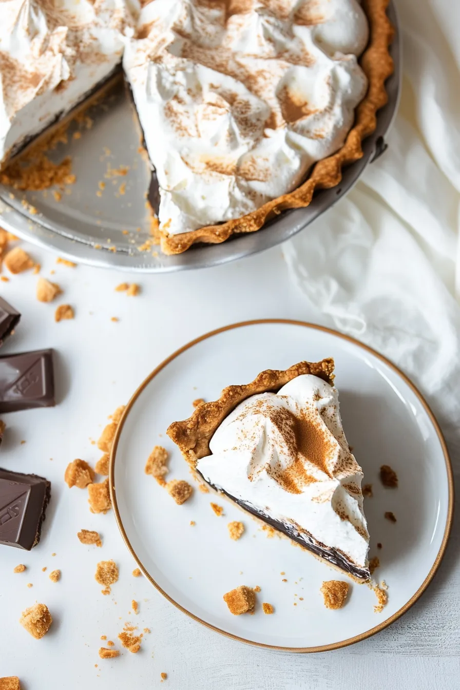 Decadent slice-ready chocolate pie with torched marshmallow swirls.