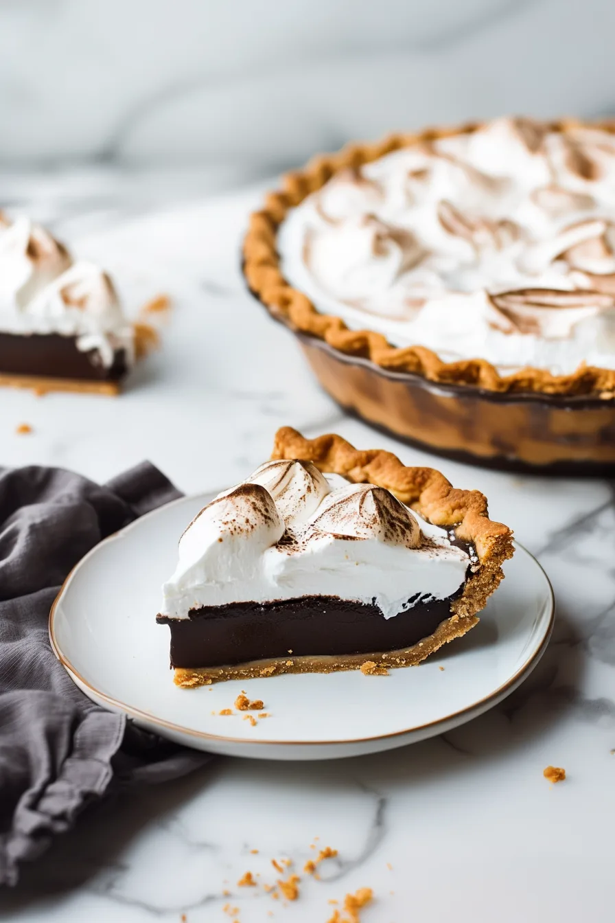 Close-up of a creamy chocolate dessert pie with fluffy toasted topping.